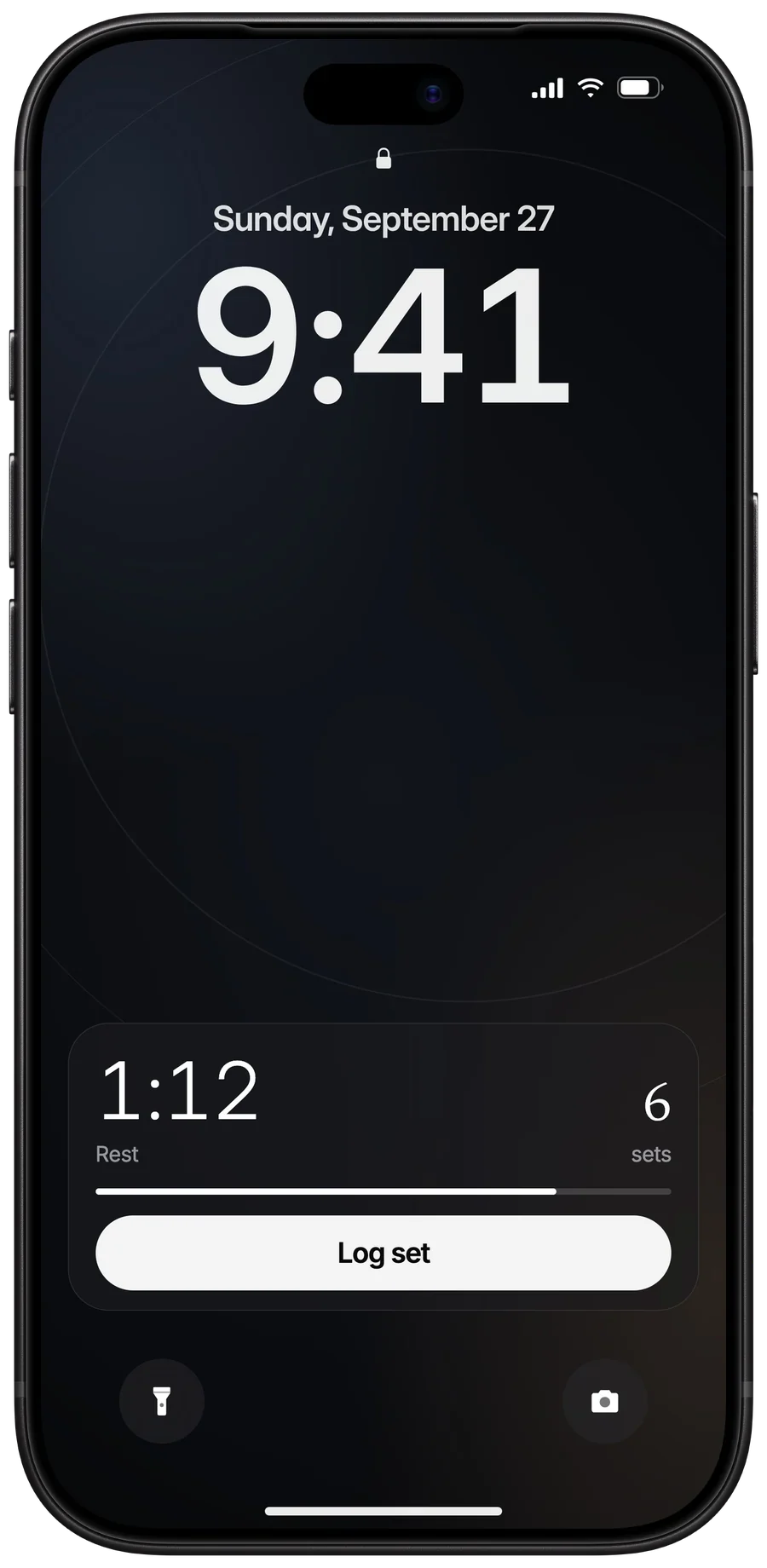 The rest countdown on the iPhone Lock Screen, with the set count and Log set and Reset buttons