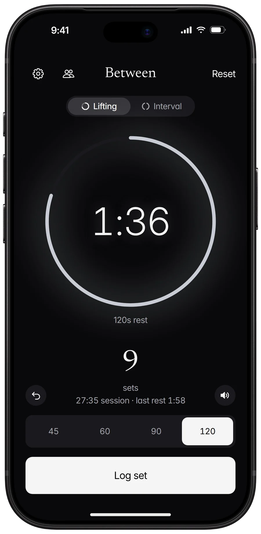 The Between timer mid-rest: the countdown, the set count, the rest choices, and Log set, with nothing covering them