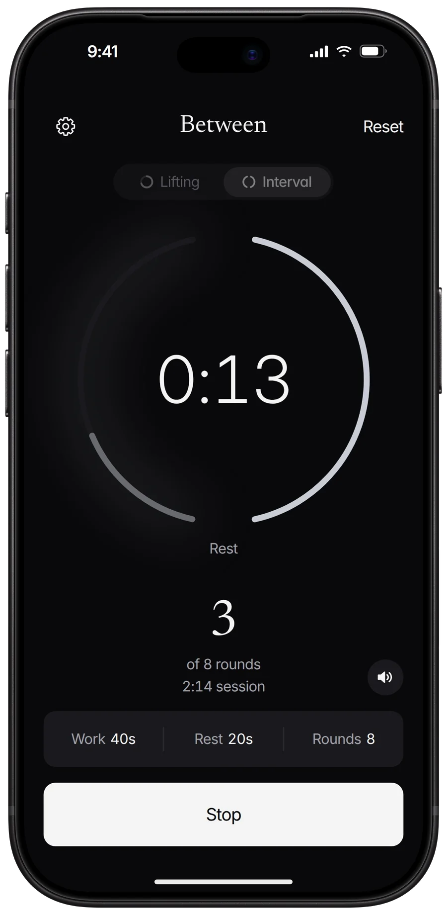 Interval training: work and rest as two arcs on one ring, round 3 of 8, and a Stop button