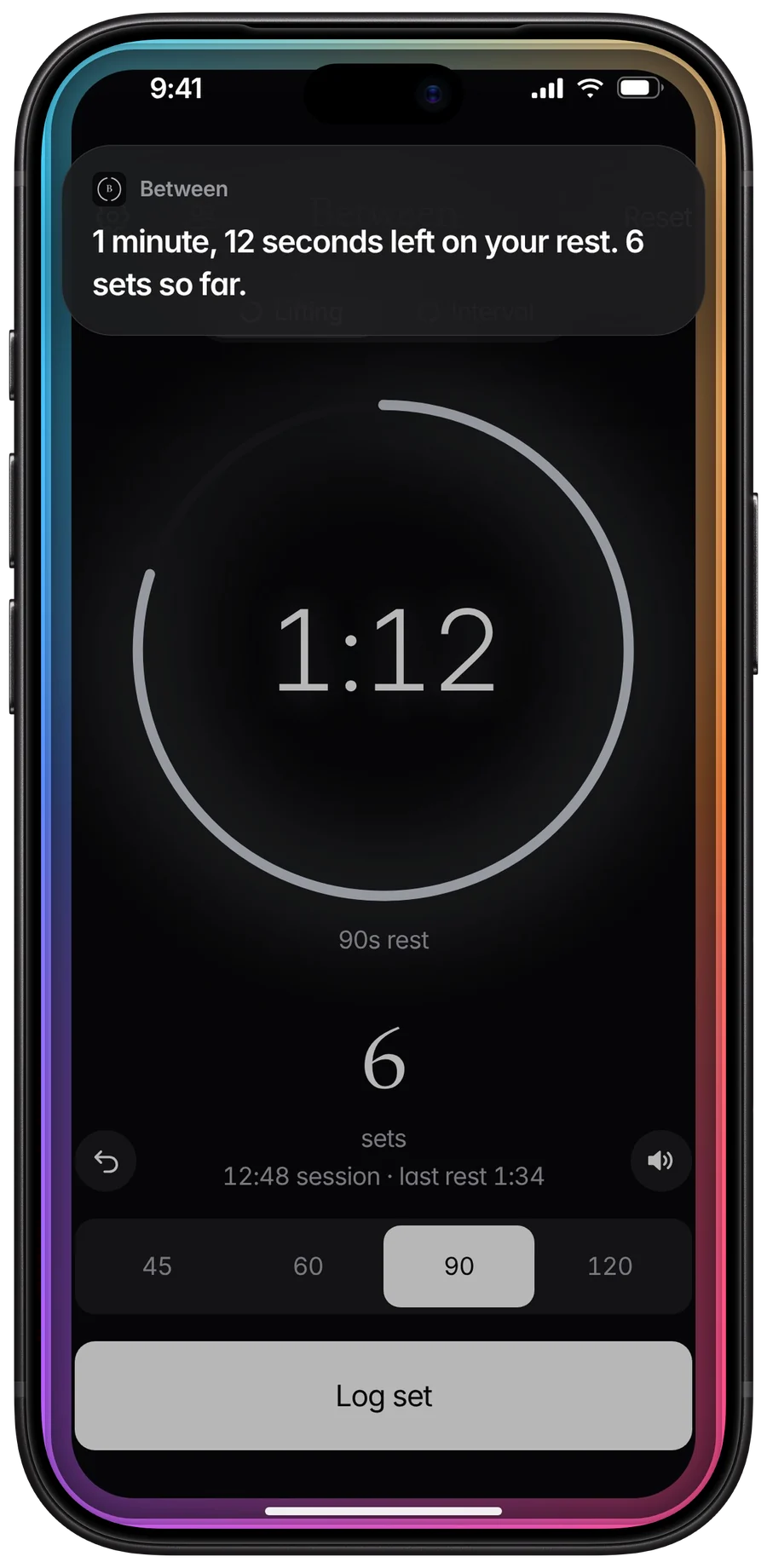 Siri answering out loud: 1 minute, 12 seconds left on your rest, 6 sets so far