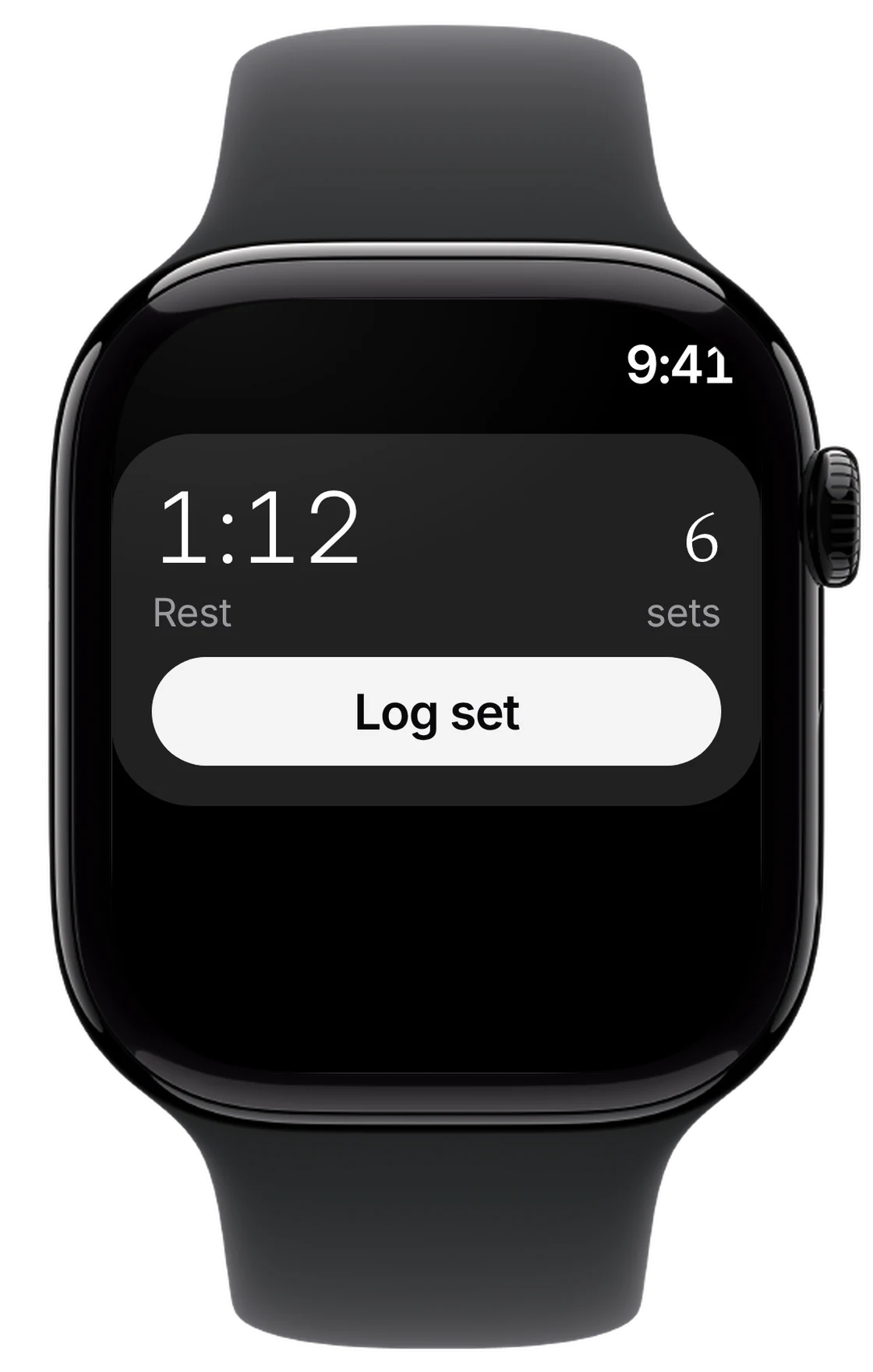 Apple Watch showing the rest countdown and set count, with a Log set button